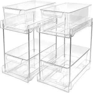 2팩 2단 욕실 수납 정리함 클리어 언더 싱크 주방 배니티 카운터 용기 약장 서랍통 팬트리 트랙이 있는