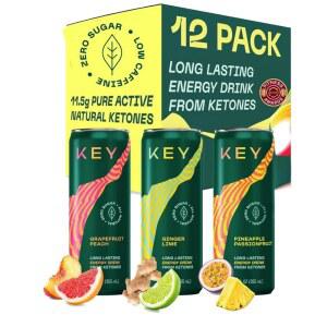 키 케톤 음료 - 에너지와 집중력을 위한 케톤, L-테아닌이 함유된 녹차의 무설탕 및 저카페인, 충돌이나 불안감 없음, 천연, 가벼운 탄산, 버라이어티 팩(12팩)