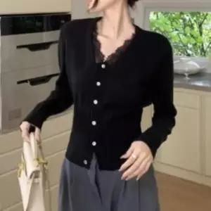 아트박스/신상오픈런 여성 슬림핏 프릴 레이스 골지 니트 가디건