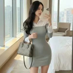 |KCO59B8|여성 카라넥 레이어드 투톤 긴팔 미니 원피스 하객룩