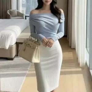 |KCH428D|여성 하객 패션 스타일 우아한 셔링 오프숄더 긴팔 블라우스