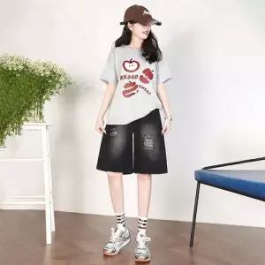 여친 청 여름 바지하이웨스트 와이드 슬림핏 대미지 청반바지 빅사이즈 5부 SPO마켓1