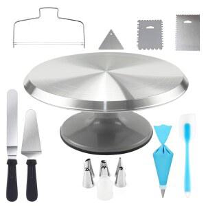 장식용 회전식 12인치 케이크 스탠드가 있는 흐보밍크스 알루미늄 턴테이블 세트, 오프셋 주걱, 서버, 스테인리스 스틸 프로스팅 아이싱 스무더, 페이스트리 백 및 기타 베이킹 도구 16Pcs
