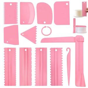12개 조절 가능한 케이크 스무더 세트, 플라스틱 장식 도구 빗 및 반죽 스크레이퍼 베이킹 페이스트리 핑크