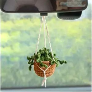 지펠로 자동차 후방 뷰 미러 액세서리 크로셰 귀여운 화분 걸이 여성 남성용 수제 니트 장식 직조 매력