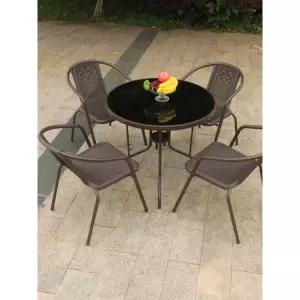 프리미엄 야외 테이블 세트 발코니 정원 라탄 의자 4개 원형 글라스 80 A