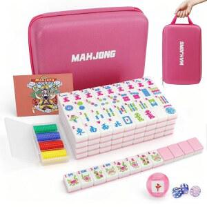 Jolitac 아메리칸 마작 게임 세트 166개의 프리미엄 타일 튼튼한 휴대용 가방이 포함된 성인 초보자를 위한 칩 & 주사위 u2013 여행 완비 포함