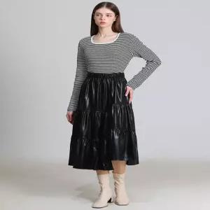 [오조크][오조크(OZOC)] 페이크 레더 셔링 밴딩 스커트 (택가격 99000원)