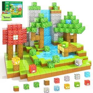 100PCS 자석 블록 - 빌드 마인 마그넷 월드 포레스트 공룡 에디션 감각적 STEM 건설 건물 어린이용 장난감 게임 용 크리스마스 생일 선물 3 4 5 6 7 8세 소녀 소년용