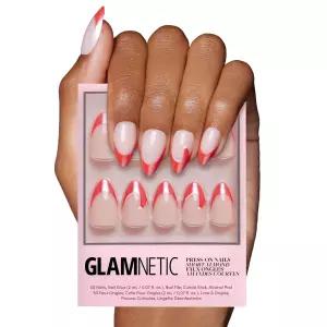 글래머네틱 네일 프레스 - 클라우스 부인 짧은 아몬드 페이크 반투명 레드 프렌치 팁 산타 모자 디자인