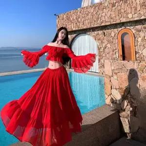 치마 빨강 봄 여자정장세트 오프숄더 톱 해변 포토 바캉스룩 세트 하늘하늘 ible1