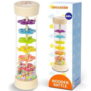 레인 스틱, 몬테소리 용 장난감, 생후 6-12개월 된 , 딸랑이 나무 감각 7.7 u201D 레인메이커 뮤지컬 장난감 - 6 7 8 9 12개월 신생아 여아를 위한 선물