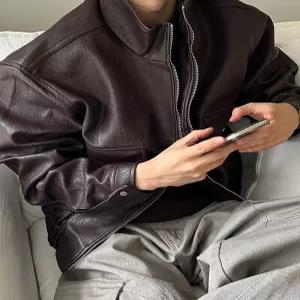 [아레스]자카드 머슬 크롭 레더 하이넥 자켓 (2color)