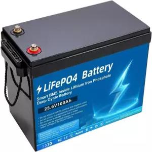 BOGJFC 24V 100Ah LiFePO4 딥 사이클 배터리 팩 2560Wh 통합 BMS ABS 하우징 IP55 M8 단자 440×245×315mm