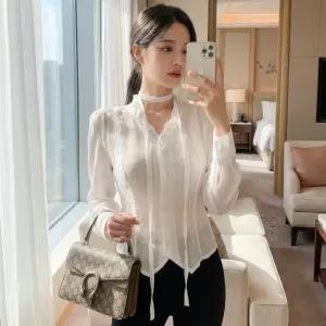 여자 여리핏 브이넥 타이 시스루 쉬폰 블라우스