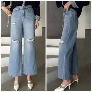 여성 난스판 중청 데미지 구제 와이드 팬츠 통청바지 찢청