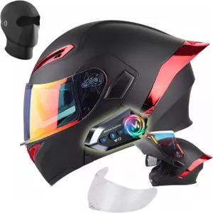 블루투스 기능이 있는 여성용 오토바이 헬멧 - 듀얼 바이저 DOT 모듈식 스피커 및 마이크 풀페이스 퍼플