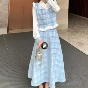 [페리엠]파스텔 체크 스퀘어넥 뷔스티에 밴딩 롱스커트