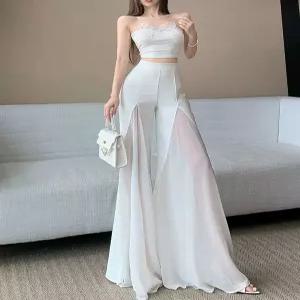 여름 아이스 실크 쉬폰 하이웨스트 와이드 팬츠 여성용 루즈핏 댄스 스타일