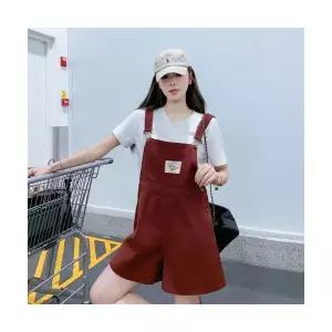 여성용 프린트티 데님 멜빵 와이드 점프슈트 슬림핏 캐주얼 레드 반바지 CH1