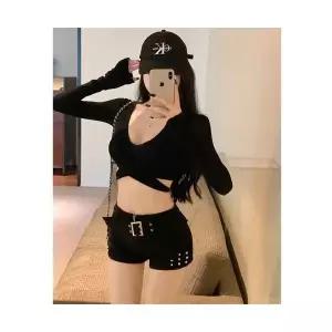 여성용 청반바지 쇼트 바지 로우 데님 블랙 스판 스키니핏 핫팬츠 CH1