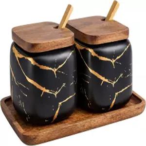 JFFLYIT 나무 뚜껑과 숟가락이 있는 대리석 세라믹 설탕 그릇 조미료 병 2세트(블랙)