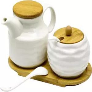 아메스타 세라믹 설탕 및 크리머 세트 커피 바 액세서리 크림 피처 뚜껑 숟가락 나무 트레이가 있는 슈가