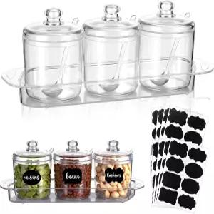 레몬로드 커피 바 액세서리용 뚜껑과 숟가락이 있는 투명 아크릴 설탕 그릇 3개 세트 7온스 티 슈가 용기