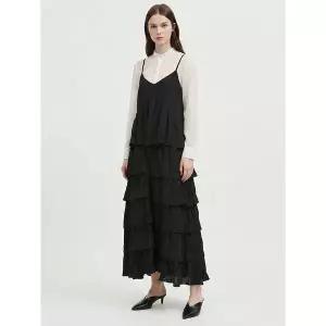 [하프클럽/샵앤]여성 뷔스티에 캉캉 주름가공 롱 원피스 NARU-WDR-21071-블랙