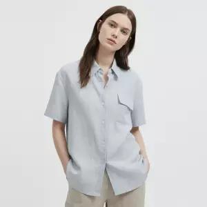 여성 카라넥 쿨링 린넨 반팔 루즈핏 블라우스 셔츠 NARU-WBL-21084-그레이