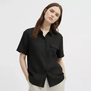 여성 카라넥 쿨링 린넨 반팔 루즈핏 블라우스 셔츠 NARU-WBL-21084-블랙