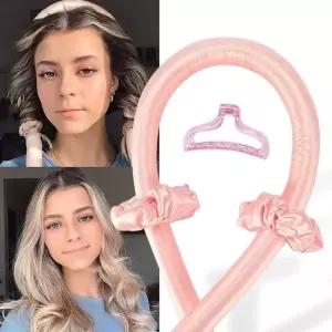헤어롤 핑크 긴머리 셀프 파마 웨이브 히트리스 헤어컬 머리띠 스크런치 집게 세트