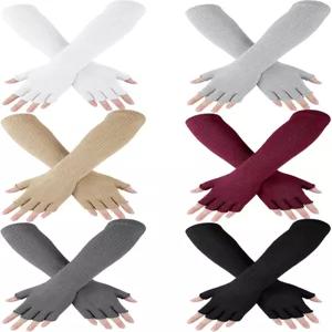 Janmercy 6쌍 여성용 겨울용 손가락 없는 장갑 엑스트라 롱 커프 암 워머 스트레치 사무실 운전용 반손가락