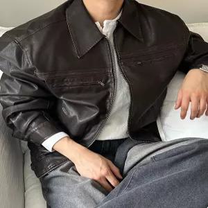 [아레스]버닝 빈티지 크롭 레더 자켓 (2color)