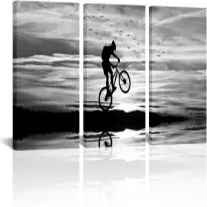 자전거 애호가를 위한 흑백 산악 사진 아트 월 데코 남자 침실 공부방 벽 스포츠 액자 12 x16 x3피스