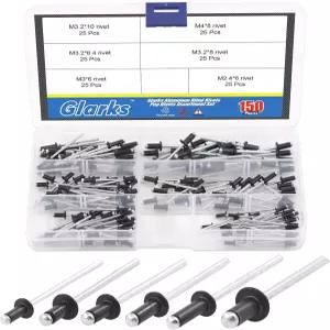 글락스 150Pcs 6사이즈 블랙 블라인드 리벳 모음 키트 M2.4 M3.0 M3.2 M4 알루미늄 팝 판금 자동차 철도 및