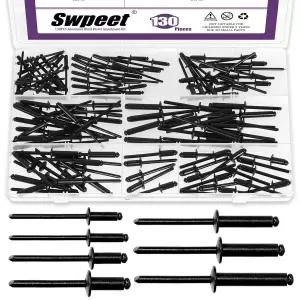 Swpeet 130Pcs 7사이즈 블랙 라지 플랜지 알루미늄 블라인드 리벳 모음 키트 팝 그립 및 금속 가구