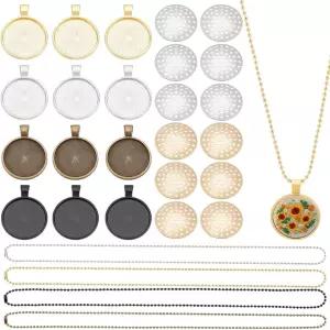 FREEBLOSS 12 세트 원형 베젤 펜던트 트레이 목걸이 빈 프레임 자수 참 DIY 보석 만들기 키트 바늘 포인트