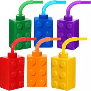 Sawysine 6 세트 빌딩 블록 컵 10온스 재사용 가능한 파티 생일 용품으로 뚜껑과 빨대가 있는 플라스틱