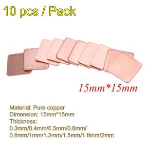 10피스 15x15mm 0.3/0.4/0.5/0.8/1.2/1.5/1.8/2 두께 방열판 구리 심 열 패드 노트북 IC 칩셋 GPU CPU 용