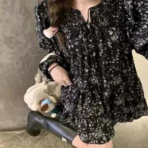 청순 플라워 꽃무늬 원피스 쉬폰 퍼프소매 에스닉 퍼프원피스 긴팔원피스 봄가을원피스