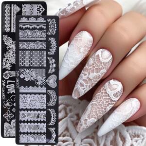 4피스 레이스 플라워 네일 아트 스탬핑 플레이트 3D 프렌치 보우 로즈 폴리쉬 프린팅 템플릿 플로럴 스텐실