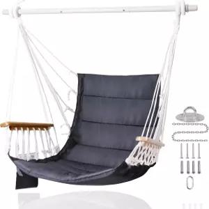 ROOITY 해먹 의자 현관 걸이형 그네와 나무 팔걸이 및 사이드 포켓 스틸 스프레더 바 하드웨어 키트 포함