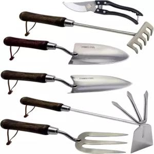 정원 도구 세트 로프가 있는 6PCS 헤비 듀티 스테인리스 스틸 가드닝 수공구 손 경운기 삽 트롤 이식기