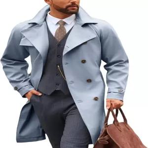 런카티 남성 트렌치코트 더블 가슴 노치 라펠 캐주얼 벨트 바람막이 가을 클래식 롱 재킷 오버코트