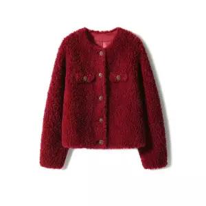레드 여성 코트 세무 모피 숏 가디건 퍼 무스탕 가죽 알갱이 일체형 양털 ST1