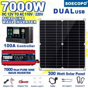 호환 SOECOPO 7000W 풀 솔라 시스템 키트 300W 솔라광 패널 순수 사인파 인버터 DC 12V에서 110V220V 100A