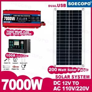 호환 SOECOPO 7000W 순수 사인파 인버터 풀 휴대용 솔라계 키트 200W 패널 100A 컨트롤러 캠핑 12V  110V22