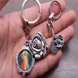 호환  종교 장미 키체인 그리스도 예수성모 마리아 키링 자동차 키 허리 링 핸드백 키체인 선