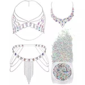 3피스 여성용 수트 바디 체인 주얼리 액세서리 세트 크리스탈 태슬 비키니, 라인스톤 빕 목걸이, 페이스 글